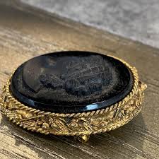 Vintage Black Glass CAMEO Brooch Pendant Metal & Glass | eBay