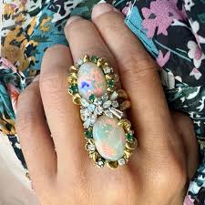 Vintage Opal Suite Ring and Earrings with Diamond and Emerald 18K Yellow Gold For Sale at 1stDibs