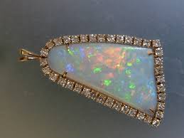 Australian Opal Diamond Halo Pendant Bell Shaped Yellow Gold 14kt