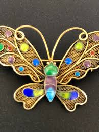 Vintage Gold Butterfly Brooch Bar Pin with Green & Blue ...