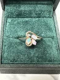Estate 10k Yellow Gold Opal Cluster & Diamond Flower Ring ...