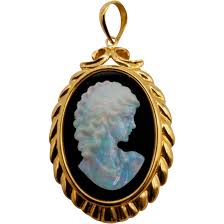 Vintage 14K Gold Opal Onyx Cameo Pendant. For Sale at Ruby Lane