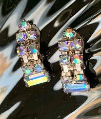 Pale Blue AB Rhinestone Dangle Statement Earrings, 50s ...