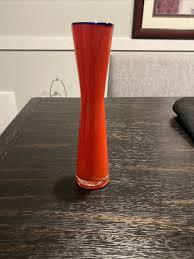 Vintage MCM Red With Blue Rim Hand Blown Red Vase *8.5 ...