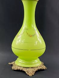 Large green opaline oil lamp decorated with garlands, 19th century Napoleon III Glass - Sold