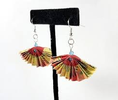 Origami Paper Fan Earrings Yellow and Coral with Blue Swarovski Bead | eBay