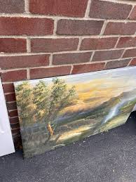 VINTAGE ORIGINAL OIL PAINTING on canvas SIGNED 24 x 36 Waterfall Sunset Scene | eBay