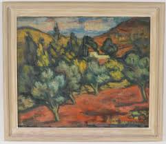 Lot - Miron Sima. Israel. "Approaching Jerusalem". Large post-impressionist landscape with house on hills and orchard. Oil on canvas. Signed lower right. Framed. Doll & Richards Boston original gallery label on reverse