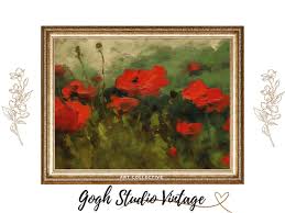 Abstract Red Poppies Oil Painting, Vintage Farmhouse Print ...