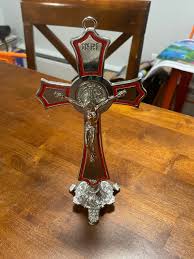St. Benedict 9.25 Inch Chrome (red Trim) Flared Wall Cross W ...