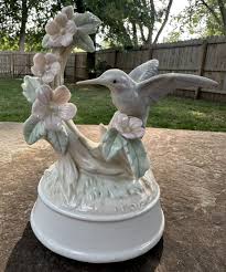Vintage Porcelain Music Box Humming Bird Branch Pink Flowers ...