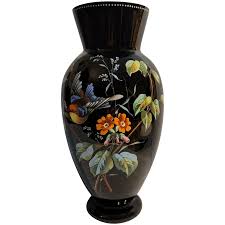 Large enameled ebony glass vase with bird and flowers design ...
