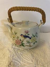 Vintage Porcelain Teapot Wicker Handle Transfer Ware Both Sides | eBay
