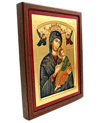 Virgin Mary Perpetual Help Icon Gold Engraved Natural Wood