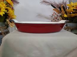 Wolfgang Puck Au Gratin Oval Dish Cast Iron Cookware Red/Cream One Piece | eBay