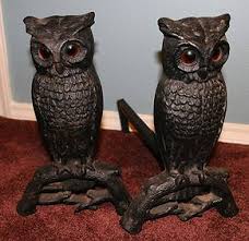 A Pair Antique Cast Iron Glass Eye Owl Andirons