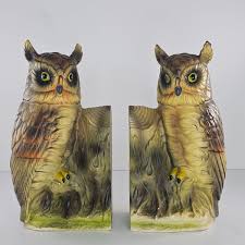 Vintage Wales Japan Owl Ceramic Bookends Hand Painted ...