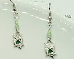 Silver and Green Owl Earrings - Etsy