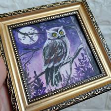 Owl painting original Small bird owl night landscape wall ...