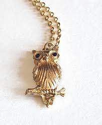 Vintage Owl Pendant Charm Gold Tone Blue Rhinestone Eyes 17.5" Retro Chain Gift | eBay