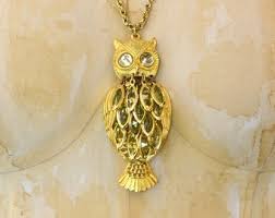 1970s Owl Gold Green Metal Pendant Statement Necklace Costume Jewelry - Etsy