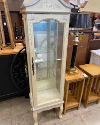 Sold ✓ Vintage Painted and Lighted Curio Cabinet with 1 Shelf Purchase online at: www.patinainteriors.com 58” height 15” length 12” depth $95~9/12~#6144-595 #shoplocal #covingtonla #northshorela #patinainteriors #buyandsell #furniture #consignment ...
