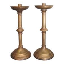 Early 1900s Brass Aged Patina Tall Church Altar Candle Holders - a Pair | Chairish