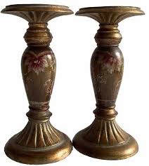 Candle Holders Hand-Painted Distressed Golden-Faux Wood Resin 8 in Tall-Pair | eBay