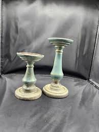 Set of 2 World Market Wooden Candle Sticks - Turned Wood Green/Blue Distressed | eBay