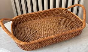 Vintage Wicker Cane Wood Bottom Tray With Handles | Chairish
