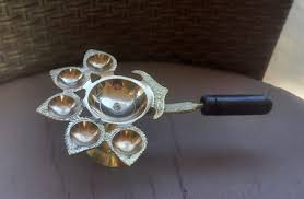 Brass Auspicious Panch Aarti Diya Wooden Handle Home Temple ...
