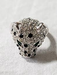 Silver Tone Bear Head Ring Made With Green & Clear Crystals ...