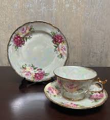 Vintage Iridescent Japan Cup, Saucer and Cake Plate Set Rose | eBay
