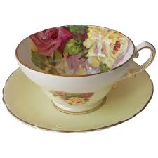 Pink Roses On Yellow English Bone China Cup Saucer Vintage Stanley. For Sale at Ruby Lane