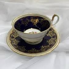 Aynsley | Kitchen | Aynsley Teacup Saucer Mixed Floral Design Royal Blue Heavy Gold Gilt Pattern | Poshmark