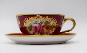 Limoges Hand Painted Cup & Saucer with Roses - Cranberry ...