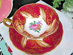PARAGON tea cup & saucer PINK rose floral red & gold teacup ...