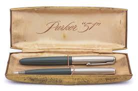 Parker 51 Aerometric Fountain Pen and Pencil Set (1949) - Navy Gray w Lustraloy Caps, Fine 14k Nib (Excellent + in Box, Work Well) - Peyton Street Pens
