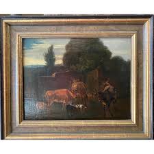 Early 19th Century Rustic European Landscape Oil Painting of Cows and Shepherd, Framed | Chairish