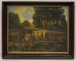 Lot - Antique Pastoral Scene with Cows Oil on Canvas Framed- 26x32"