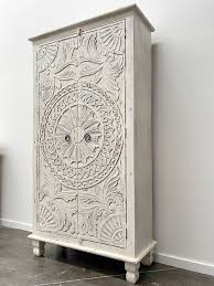 White Hand Carved Timber Floral Mandala Door Wardrobe ...