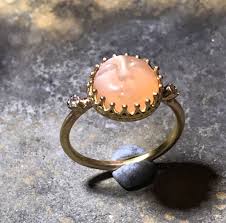 Moon Face 14K Gold Ring, Diamond Ring, Peach Moonstone Gold ...