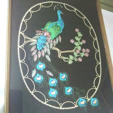Large Picture Beautifully Embroidered Peacock On Black Velvet 1970s | eBay