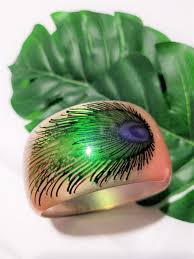 Vintage Peacock Feather Bracelet Hand Painted Acrylic Bangle ...