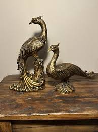 Vintage Set Golden Metallic Finish Peacock 13” Peahen 9” Replica Resin Statues | eBay
