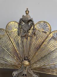 Vintage 1920s Victorian-Style Brass Peacock Cameo Folding Fireplace Fan Screen For Sale at 1stDibs