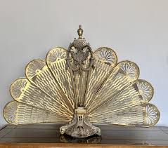 Vintage 1920s Victorian-Style Brass Peacock Cameo Folding Fireplace Fan Screen | Chairish