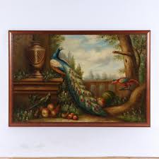 Sold at Auction: Peacock and parrots in garden setting with ...