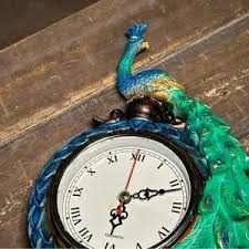 Accents | Peacock Standing Table Clock Blue Green Gold Feathers Brown Base Quartz Works | Poshmark
