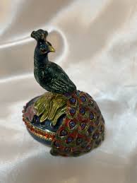 Vintage Peacock Metal Enamel Crystals Rhinestones Oval ...